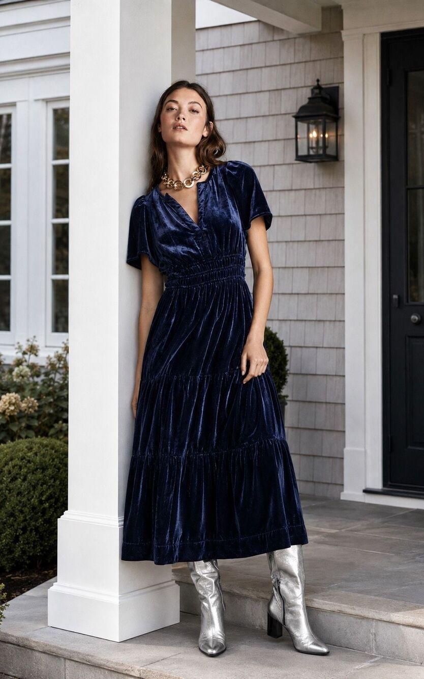 Anthropologie Somerset Velvet Maxi Dress Navy Blue Smocked Tiered Size L $198